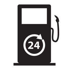 fuel station with 24 hours icon on white background. 24 hour black fuel station sign. 24h fuel dispenser sign. flat style. - obrazy, fototapety, plakaty