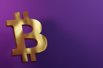 Golden flying metallic bitcoin symbol on purple matte background 3d illustration