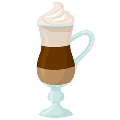 Vector image of a glass glass with a three-layer latte. Coffee drink isolated on a white background.