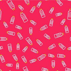 Line Bottle of water icon isolated seamless pattern on red background. Soda aqua drink sign. Vector