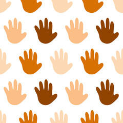 Cute cartoon style human hands, open palms with different skin colors. High five or greeting gesture vector seamless pattern background.
