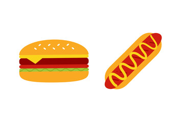 Hot dog with mustard sauce and burger, cheeseburger cute carton style vector icon, illustration for fast food design.