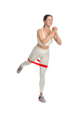 Woman doing sportive exercise with fitness elastic band on white background