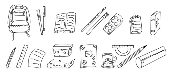 Back to school set of hand drawn illustration of stationary accessories, books, pens, backpack, rulers, cup, paper for coloring book, poster, cards. Vector illustration.