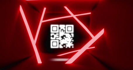 Neon qr code scanner and abstract shapes against glowing red tunnel - Powered by Adobe