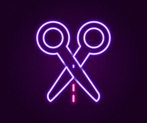 Glowing neon line Scissors with cut line icon isolated on black background. Tailor symbol. Cutting tool sign. Colorful outline concept. Vector