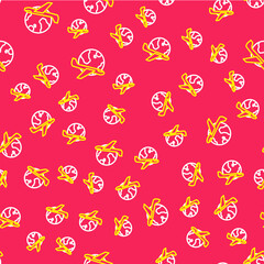 Line Globe with flying plane icon isolated seamless pattern on red background. Airplane fly around the planet earth. Aircraft world icon. Vector