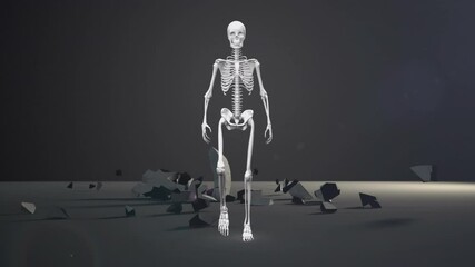 Human skeleton walking over euro currency symbol falling and breaking against grey background