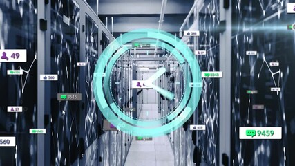 Neon ticking digital clock and social media icons on multiple speech bubble against server room - Powered by Adobe