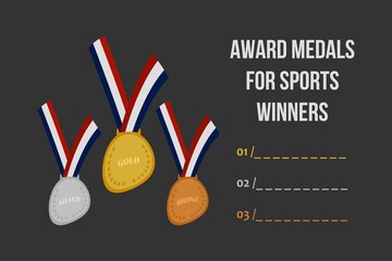 Sports medals. Golden silver bronze medal with ribbon. Champion winner awards of honor vector illustration.&nbsp; 