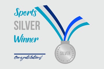 Sports Silver Medal Winner.  Silver medal  with ribbon vector illustration 