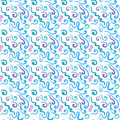 Abstract hand drawn seamless pattern of blue and purple curves. Waves, water, color splashes