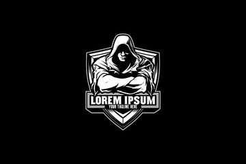 man with hoodie cartoon character black and white color vector logo template