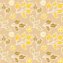 Seamless pattern with hand drawn floral ornament. Beige and golden colors. For textile or gift wrapping paper design
