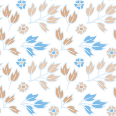 Floral seamless pattern of beige and blue leaves, branches and flowers on white background
