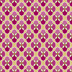 Ar deco geometric seamless pattern of purple flowers on gold background. Abstract backdrop for textile or gift wrapping paper design