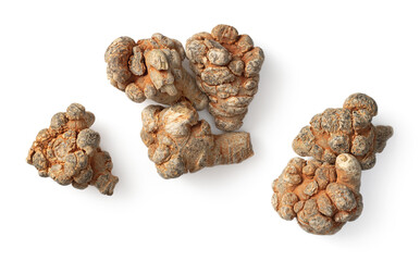 Dried Panax notoginseng roots isolated on white background, top view