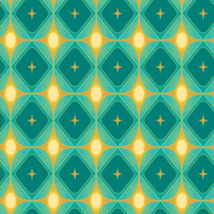 Geometric seamless pattern of gold stars on turquoise background. Diamond pattern of shining stars. Ar deco style background