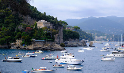 Fototapeta na wymiar colorful houses of Portofino with a natural leaf arc