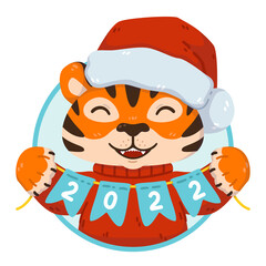 Christmas tiger character with party holiday flags 2022 lettering. Chinese symbol of new year in Santa hat, sweater and with bunting banner. Cute vector illustration isolated on white background.