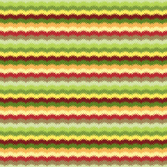 Simple geometric seamless pattern of colorful zigzag stripes of yellow, green and red. Textile design