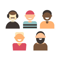 Set of different portrait men with different skin color, hair and hairstyles, isolated on a white background. Vector illustration in flat style