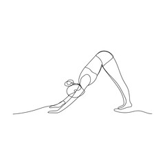 Woman in yoga asana dog face down. One solid line drawing. Yoga, sports, pilates, stretching. Black and white vector isolated drawing.
