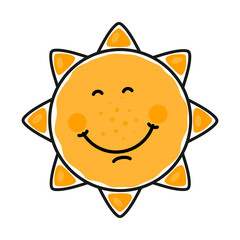 The sun in the cartoon style smiles, laughs and squints his eyes. Isolated, color vector illustration