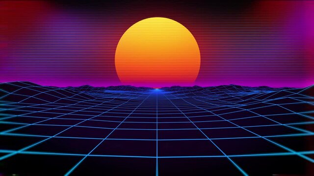 Retro 80s neon digital landscape with light beams. 