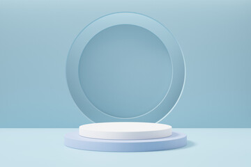 Pastel blue white cylinder round block podium and circle stack background. 3d rendering illustration.