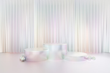 Cosmetic display product stand, Three white pearl color round cylinder podium reflection colorful on glossy white curtain background. 3D rendering illustration