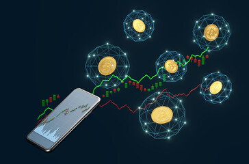 Cryptocurrency stock market investment on mobile phone app with stock growth graph background 3d render concept.