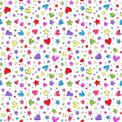 Pattern of hearts, stars and circles in random style on white background