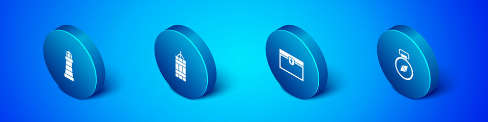 Set Isometric Lighthouse, Antique treasure chest, Compass and Dynamite bomb icon. Vector