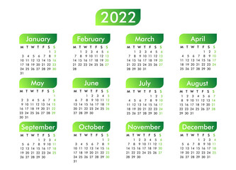 Calendar for 2022 with green gradient elements, the week starts on Monday, the basic business template. vector illustration