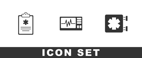 Set Clinical record, Monitor with cardiogram and Medical symbol of the Emergency icon. Vector