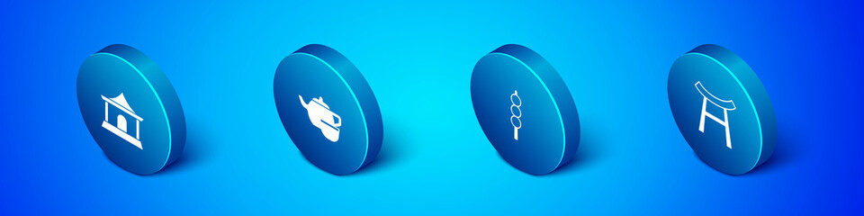 Set Isometric Chinese house, Meatballs on wooden stick, Japan Gate and tea ceremony icon. Vector