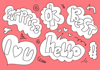Hand drawn set of speech bubbles with handwritten short phrases  surprise, ok, best, hello on pink background.