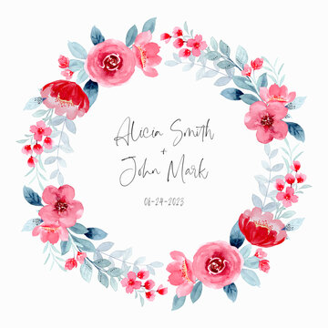 Save the date red flower wreath with watercolor