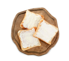 Delicious toasts with butter on white background, top view