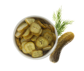 Tasty pickled cucumbers and dill on white background, top view