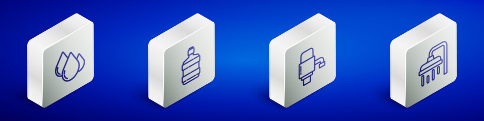 Obraz premium Set Isometric line Water drop, Big bottle with clean water, Mechanical pump for and Shower head icon. Vector