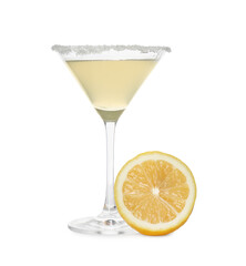 Lemon drop martini cocktail and fresh fruit on white background
