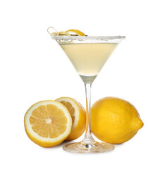 Lemon drop martini cocktail and fresh fruits on white background