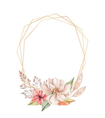 Watercolor botanical illustration. Autumn frame with golden border and wild florals. Gentle peony, red flowers, artichoke, branches, leaves. Perfect for wedding invitations, frames, posters, package