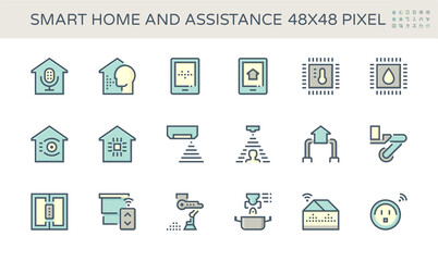 Smart home system and digital technology vector icon set. Consist of voice assistant or recognition, security and automation. To monitoring and control by remote, ai, app in mobile or smartphone.