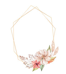 Watercolor botanical illustration. Autumn frame with golden border and wild florals. Gentle peony, red flowers, artichoke, branches, leaves. Perfect for wedding invitations, frames, posters, package