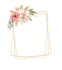 Watercolor botanical illustration. Autumn frame with golden border and wild florals. Gentle peony, red flowers, artichoke, branches, leaves. Perfect for wedding invitations, frames, posters, package