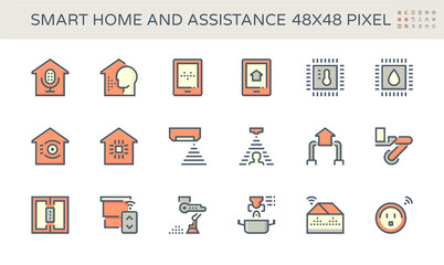 Smart home system and digital technology vector icon set. Consist of voice assistant or recognition, security and automation. To monitoring and control by remote, ai, app in mobile or smartphone.