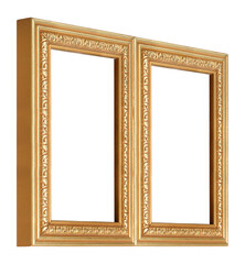 Golden frame for paintings, mirrors or photo in frontal and perspective view isolated on white...